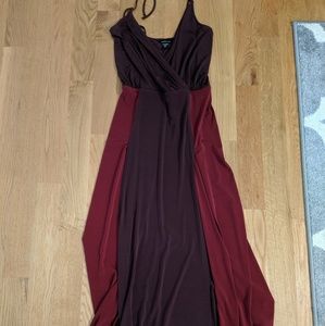 Floor length burgandy dress with thigh high slits